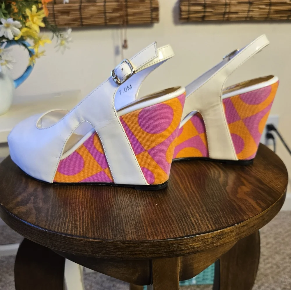 White Patent Leather Wedge with Pink Orange 70's Vibes